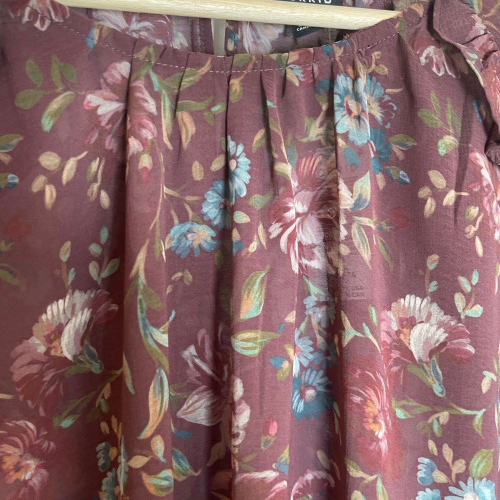 Torrid Chiffon Long Sleeve‎ Crew Neck Ruffle Blouse Sz 3X 22-24 Burgundy Floral